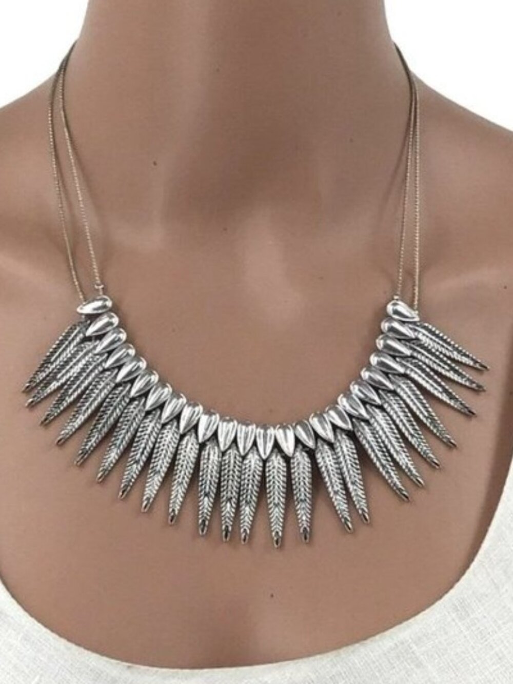 Tribal Feather Statement Necklace Silver Tone Adjustable Length 19 - 22 Inch